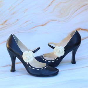BCBGirls Black/Cream Mary Jane Heels Flower Buckle